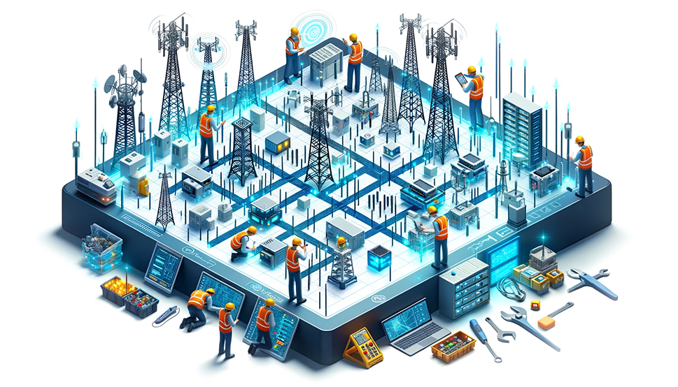 Digital network infrastructure held on by workers with validation checks ensuring accuracy.