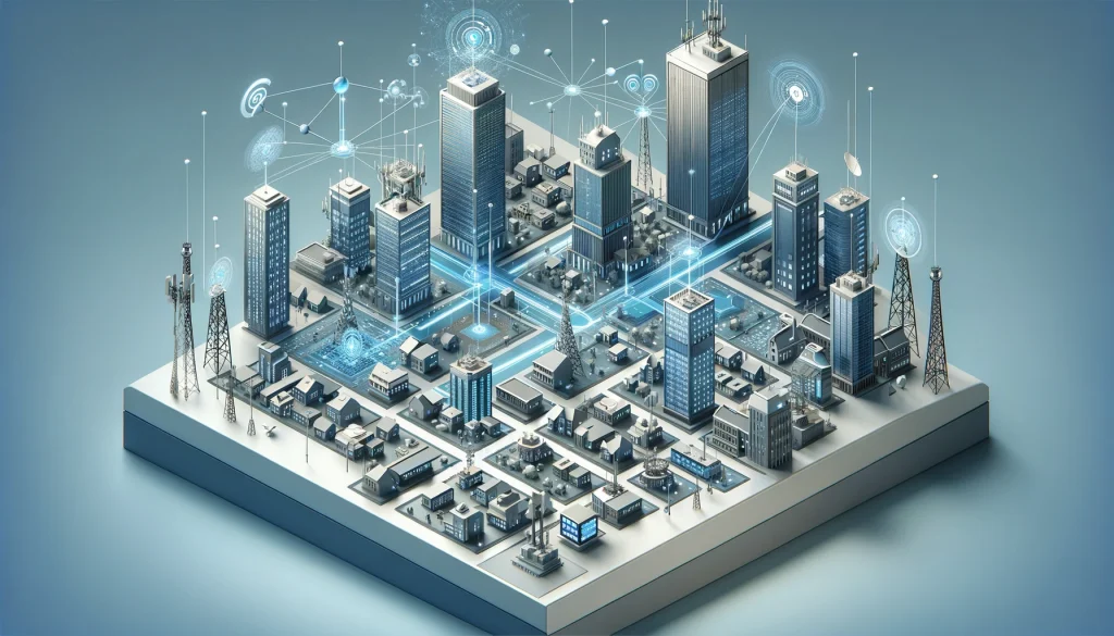 DALL·E 2024 05 24 17.10.03 An isometric 3D illustration of a telecom network GIS system. The scene features a modern cityscape with interconnected buildings using digital hologr