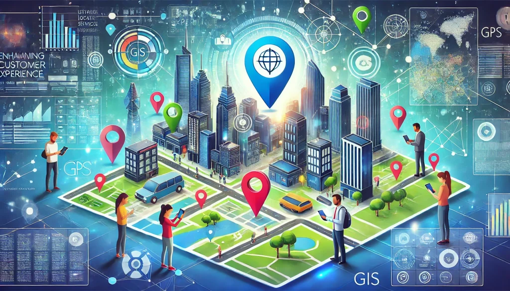 DALL·E 2024 08 05 16.47.25 An illustration depicting the concept of enhancing customer experience with location based services powered by GIS. The image shows a vibrant futuris