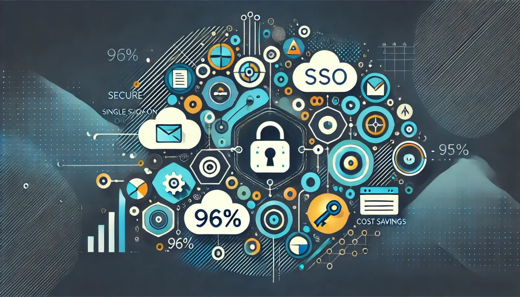 DALL·E 2024 10 29 13.25.42 An illustration in a modern geometric theme representing secure Single Sign On SSO integration for multiple applications. The image uses abstract s